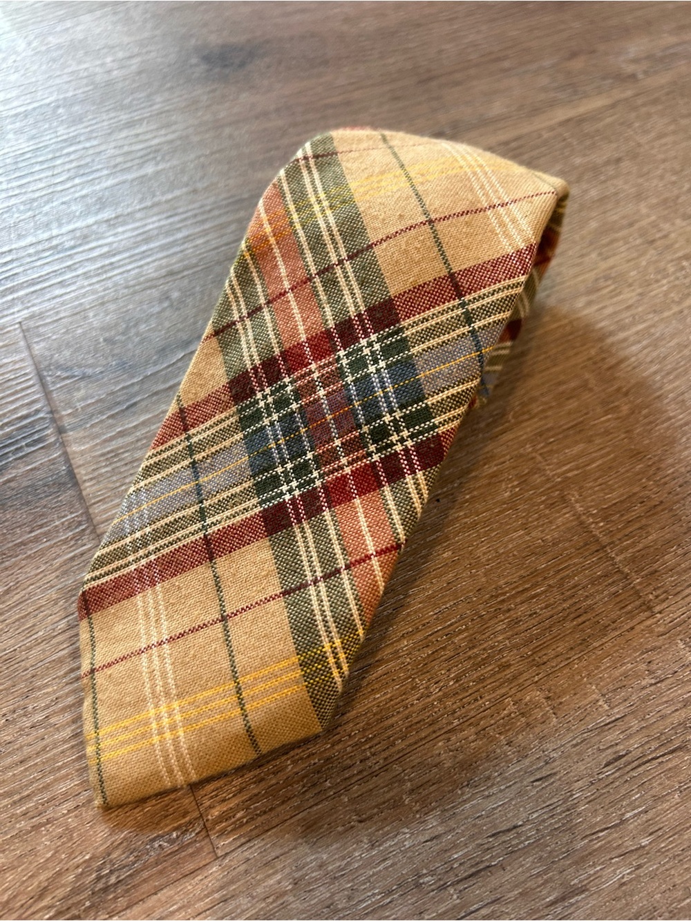 Men's Plaid Tan Plaid Tie with Green & Burgundy Accents